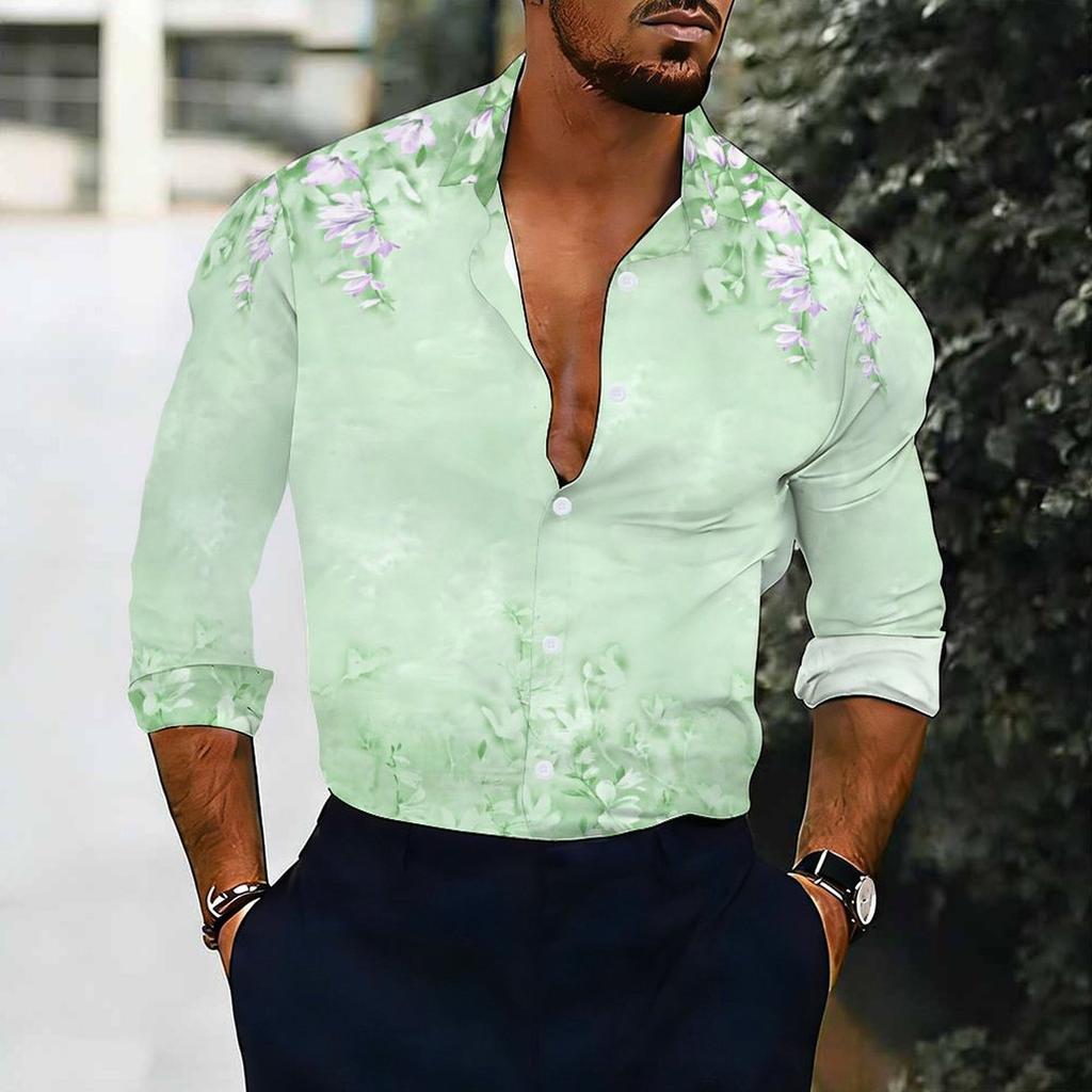 Men Collared Shirt Light Purple Wisteria Floral Print Long Sleeve Button Down Top