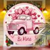 Valentine's Day Pink Truck Wooden Sign, Charming Round Sign for Front Door, Wall Hanging Decor - Ideal Romantic Gift for Couples