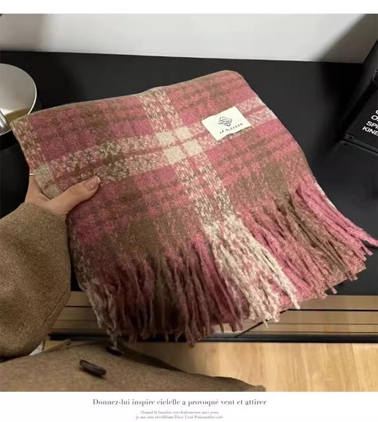 Korean Style Thick Pink Plaid Scarf for Women - Autumn/Winter Neck Warmer