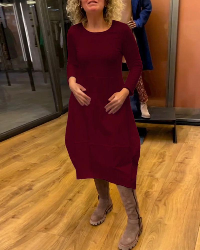Versatile Solid Color Round Neck Long-Sleeve Dress for Women - Autumn/Winter Collection