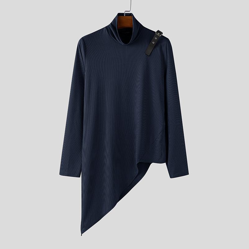 INCERUN Men's High Neck Patchwork Long Sleeve Splits Irregular Rib T-shirts Undershirts