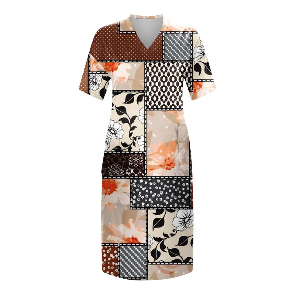 Women's Summer Plus Size V-neck Short Sleeve Print Knee Pocket Casual Dress