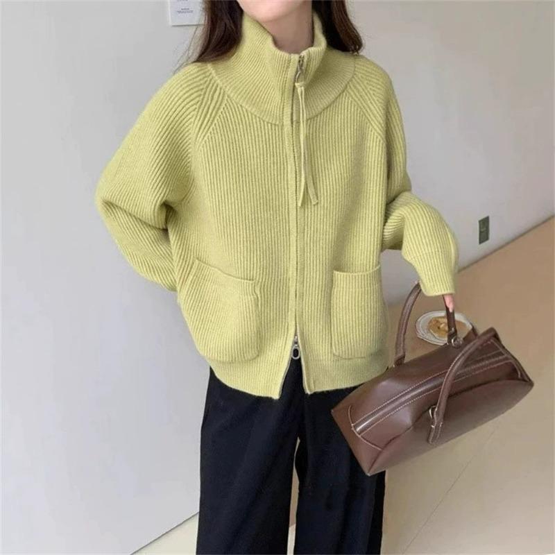 Simple Casual Stand-up Collar Double Zipper Knitted Cardigan Women's Autumn and Winter New Loose Lazy Versatile Sweater Jacket
