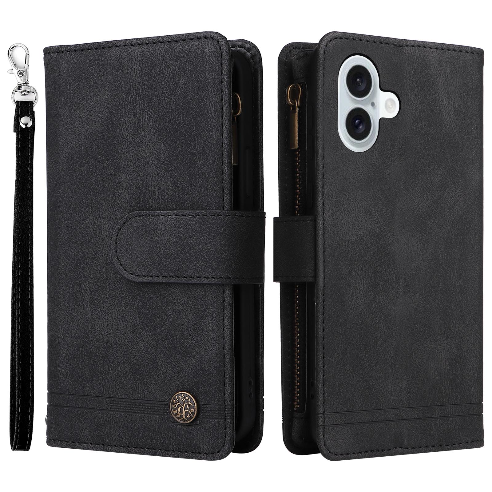 

For iPhone 16 Plus Case Zipper Pocket Leather Flip Phone Cover with Hand Strap Black