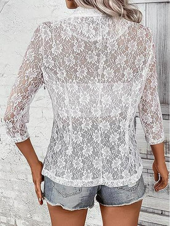 Spring Women's Elegant Lace Cardigan Top with Three-Quarter Sleeves