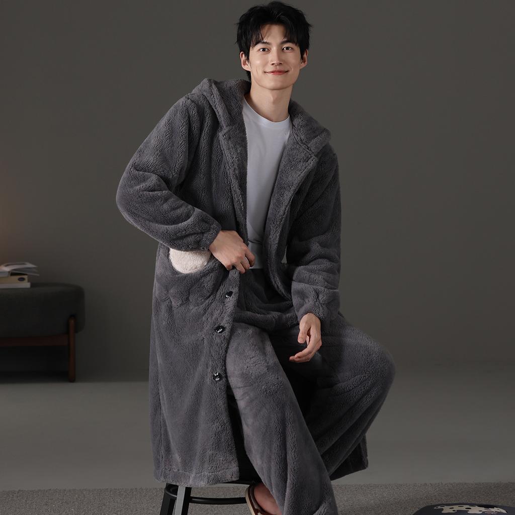 Teen men's pajamas autumn and winter 1011 new plush nightgown coral fleece thickened two-piece set loungewear