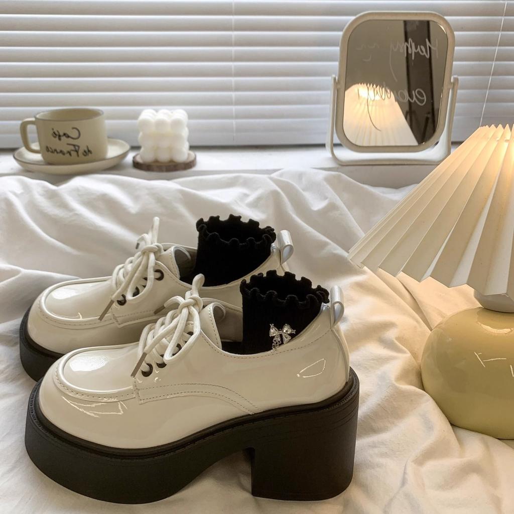 Women'S Platform High Heel Mary Jane Leather Shoes  Spring Autumn New Vintage British Height Increase Lace Up Loafers