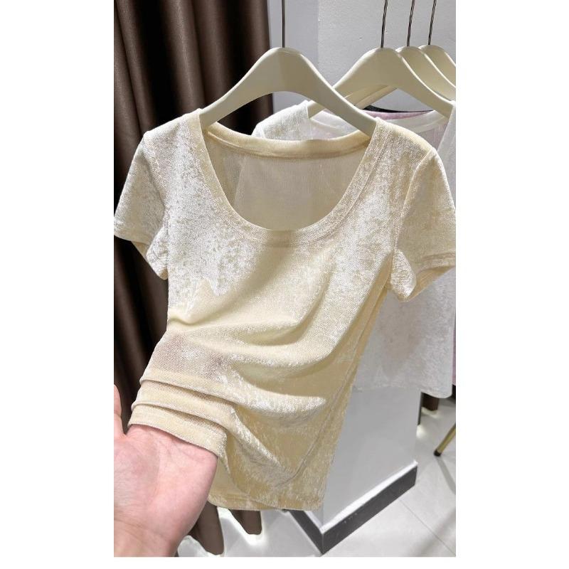 Summer Women Round Neck Textured Sheer Slim White Short Sleeve Top