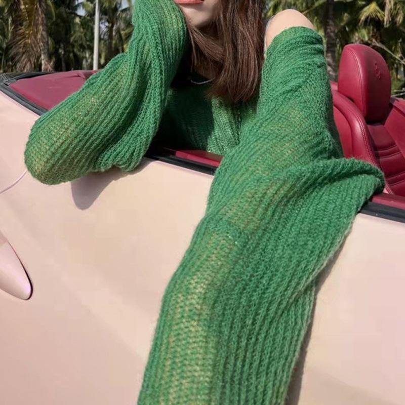 Womens Minimalist Crochet Knit Top Spring Shoulder Cutout Loose Fit Versatile Blouse