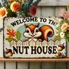 1 Piece "Welcome To Nut House" Cute Squirrel Aluminum Sign - Autumn Garden Decor Ideal As Fall Outdoor  Lawn Decor,