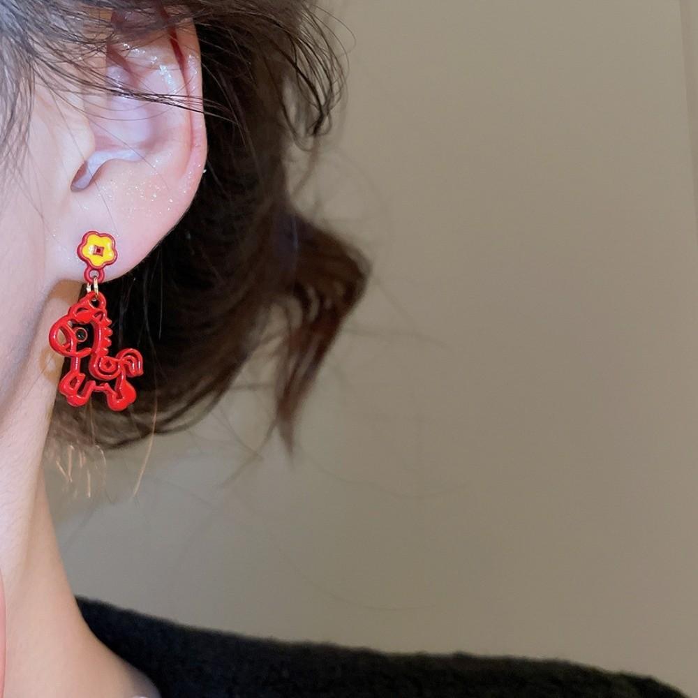 Chinese Style Red Pony Earrings Cartoon Horse Horse Mascot Drop Earrings  Party