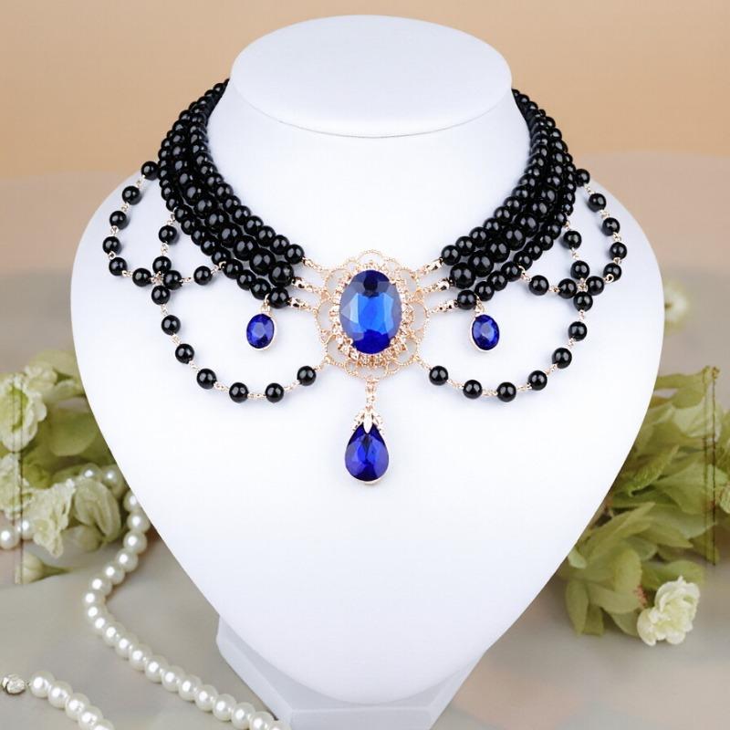 Vintage 1920s Faux Pearl Choker Necklaces 3 Tiers Imitation Pearl Chains Red Rhinestones Pendant Necklace for Women