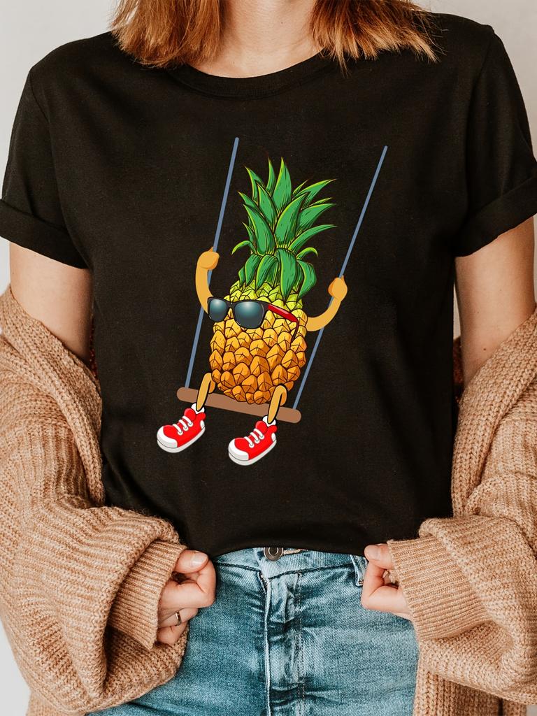 Red Shoe Swing Yellow Pineapple Fashion Letter Print T-shirt, Short Sleeve Crew Neck Casual Top for Summer & Spring, Women's Clothing