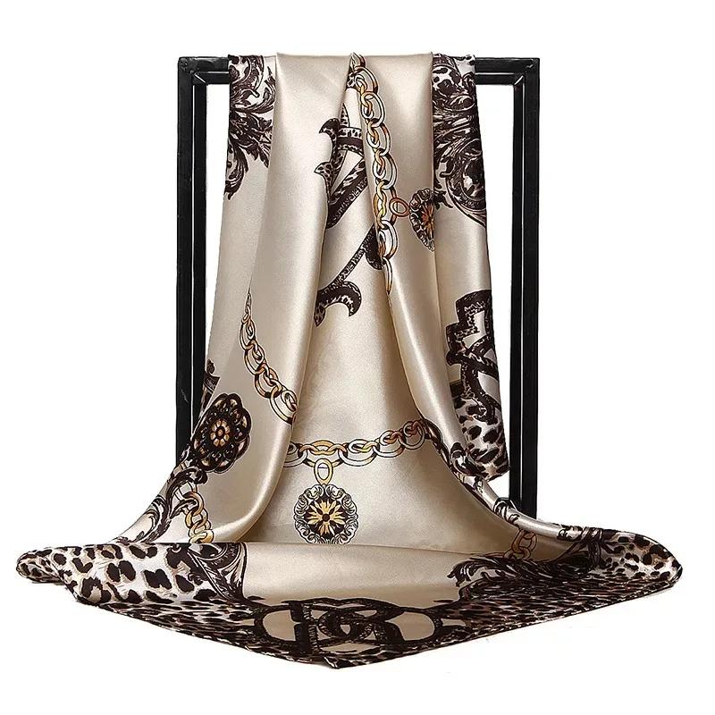 90*90cm Satin Scarf for Women Cashew Flower Print Chain Scarf Spring and Summer New Style Shawl Scarf for Women 2024 New Style
