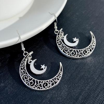 1 Pair Retro Star Moon Hook Earrings Female Double Moon Hollow Design Drop Earrings Ethnic Style Jewelry Accessories