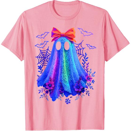 Cute Boo Halloween Ghost Bow Flower Neon Ghost Halloween T-Shirt