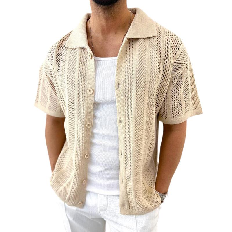 Summer Lightweight Knit Shirt for Men with Collar and Short Sleeves