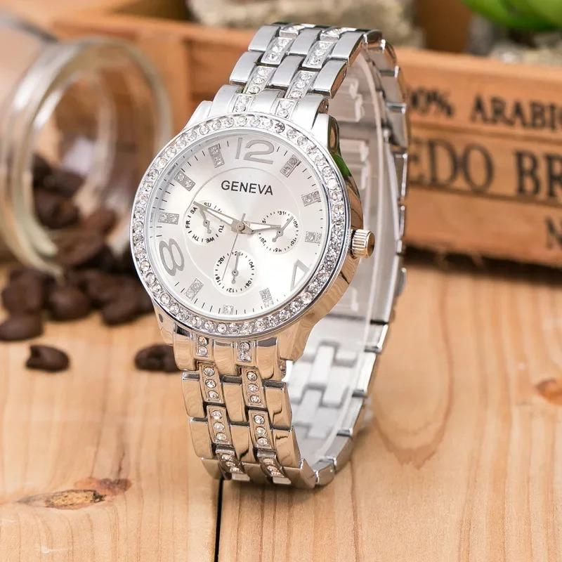Luxury Geneva Brand Women Gold Stainless Steel Quartz Watch Crystal Casual Wrist Watches Rhinestone Relogio Feminino Reloj Mujer