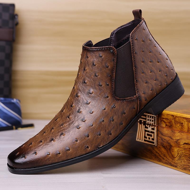 Designové Nové Pánské Špičaté Vzor Pštrosa Pu Kůže Ležérní Kotníkové Boty Chelsea Zimní Vysoké Šněrovací Boty Monk Strap Zapatos Hombre