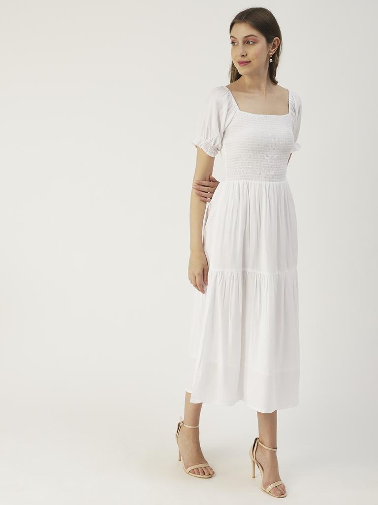 Moomaya Printed Viscose Rayon Summer Dress, Square Neck Smocked Long Dress