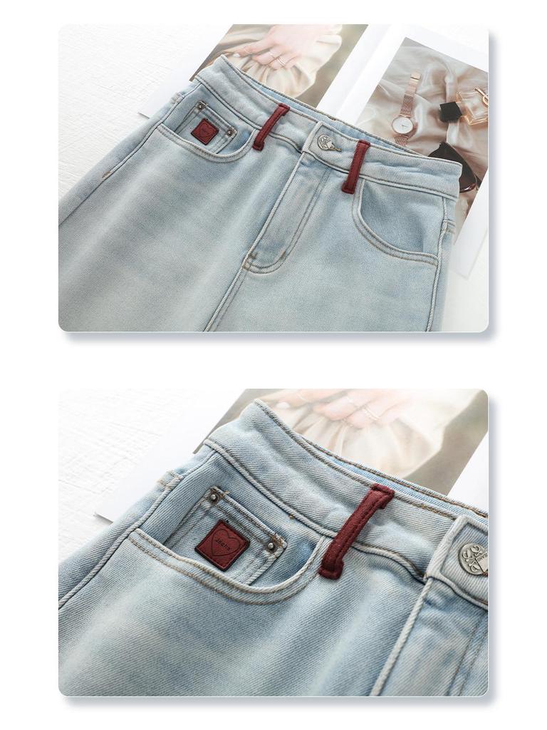 Women's Light Blue Fleece-Lined Jeans, Autumn/Winter 2024, Convertible Narrow/Wide-Leg, Retro Loose, High-Waisted, Straight-Leg Pants