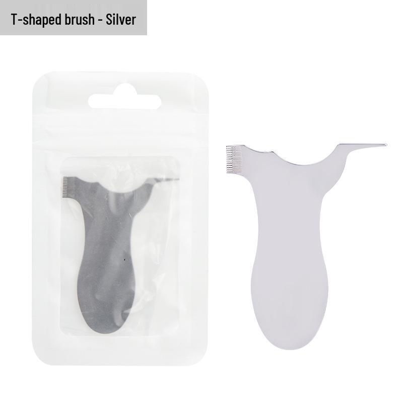 Stainless Steel Y-Shaped Eyelash Extension & Perm Comb with Small Eyebrow Brush.