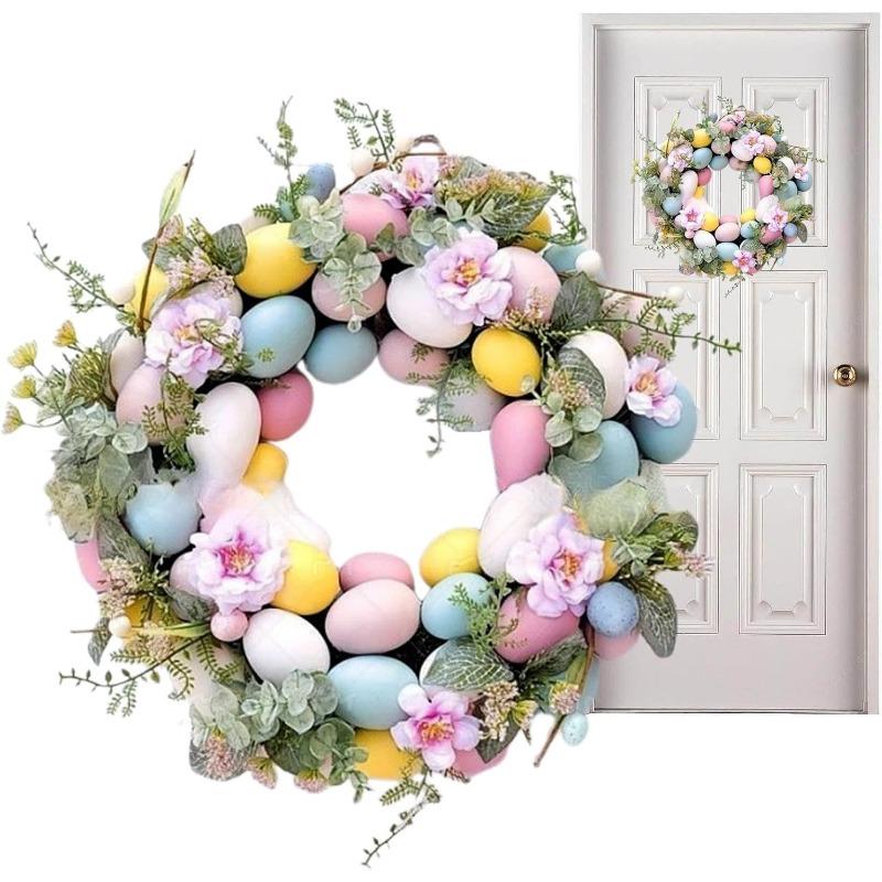 Coronițe de Paște pentru ușa din față, coroană pentru ouă de Paște, coroană de Paște artificială de 40 cm, ușă din față, coroană colorată de ouă de Paște cu frunze