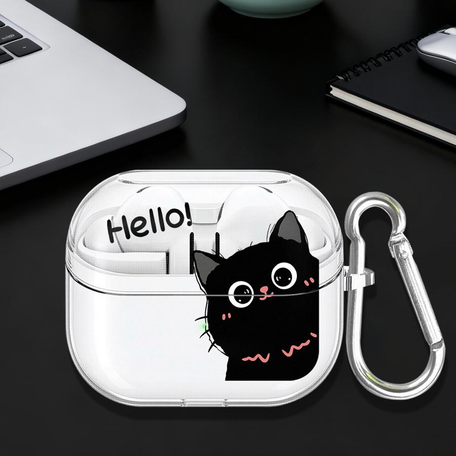Case For Samsung Galaxy Buds 2 Live 4 Pro 2Pro 3Pro 3 FE 4Pro Clear Earphone Cases Cover With Hook Hello Cute Cat