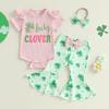 Baby Girls Irish Clothes Short Sleeve Letter Print Romper with Shamrock Print Flare Pants and Headband