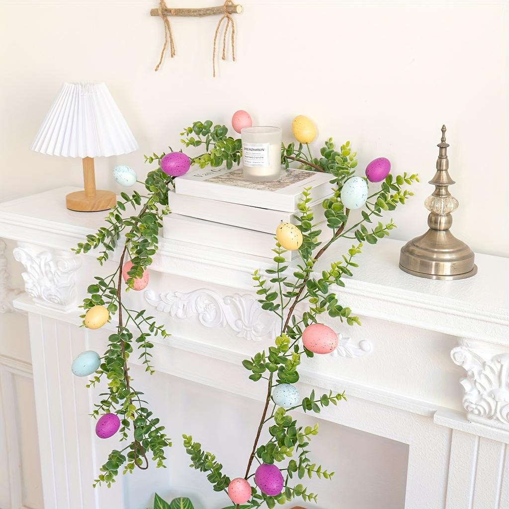1pc 66.9 Inch Handmade Easter Garland, Indoor/Outdoor Decor with Mini Eggs and Eucalyptus Leaves for Easter Celebration