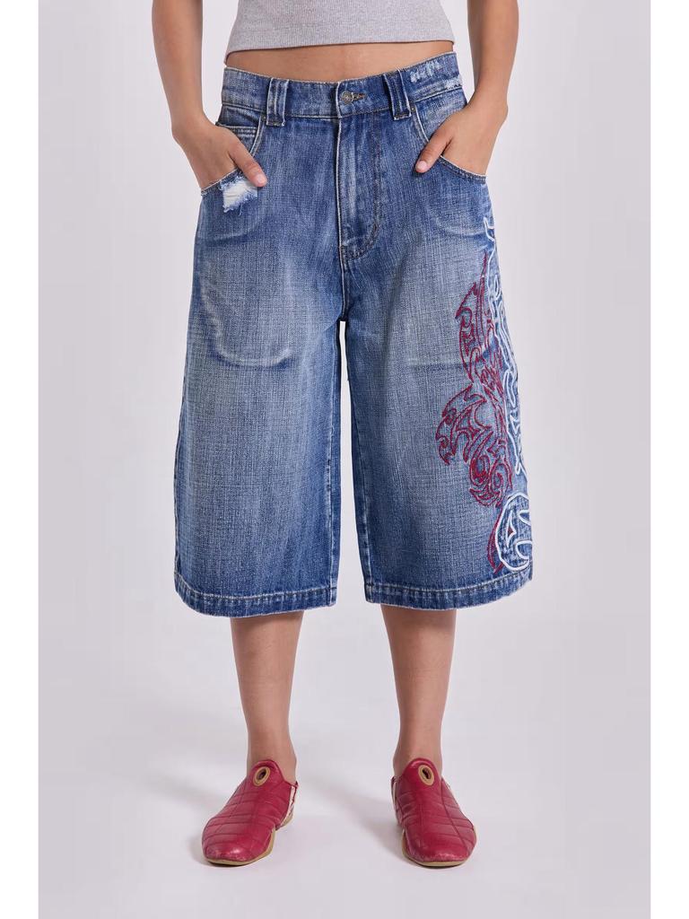 Y2K Embroidery Design Loose Floor-Length Unisex Jeans