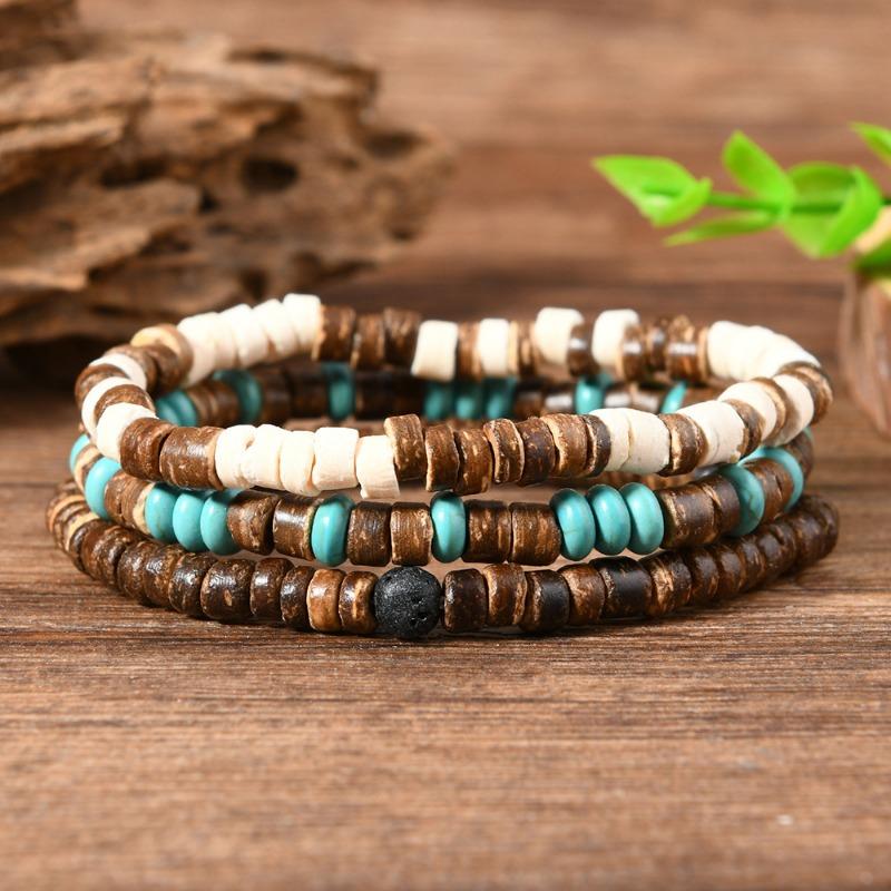 

Новый браслет из бирюзы и кокосовой скорлупы на эластичной леске для мужчин