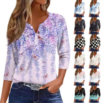 Damska koszulka T-shirt z nadrukiem Rękaw 3/4 Codzienny Weekend Moda Podstawowy Dekolt w kształcie litery V Regularny top