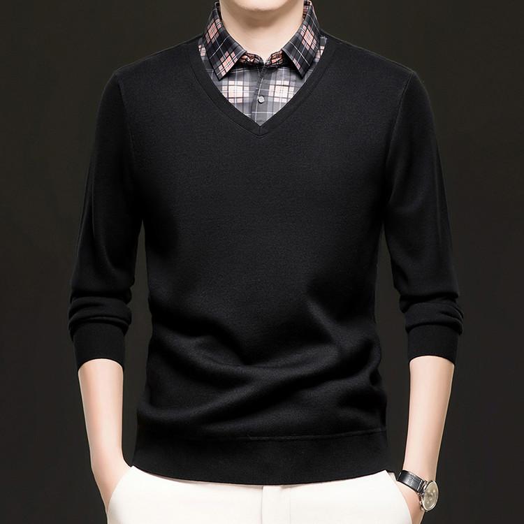 Men's Autumn/Winter Fake Two-Piece Knit Sweater with Velvet Warm Shirt Collar