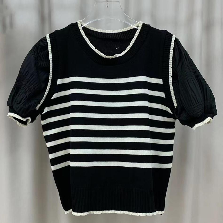 

Літні Прості Модні Топи з Круглим Вирізом, Шифоновою Вставкою, Імітацією Двошаровості, Коротким Рукавом, Жіночі Повсякденні Базові Комфортні Стильні Приталені Пуловери, Футболки One Size