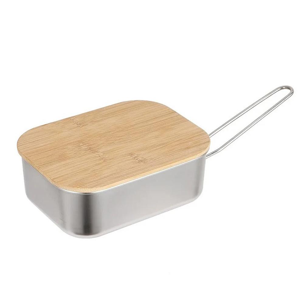 900ML Camping Bento Box Wooden Lid Lunch Box Stainless Steel Bento Box Outdoor Fishing Picnic Lunch Box Pot Chopping Board.
