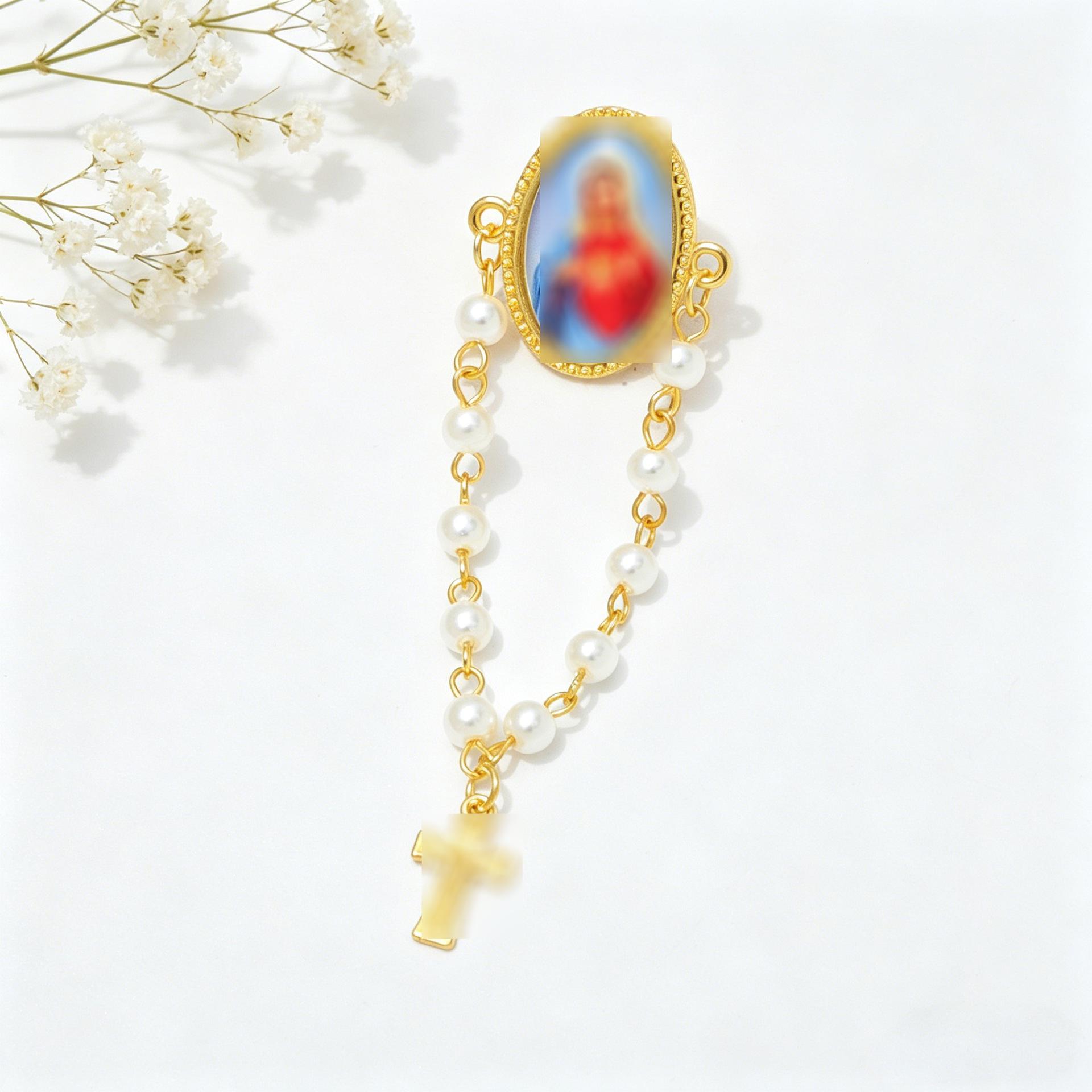 4mm Glass Pearl Rosary Brooch with Maria Cross - Popular Beaded Clothing Accessory 4mm Bead стекла