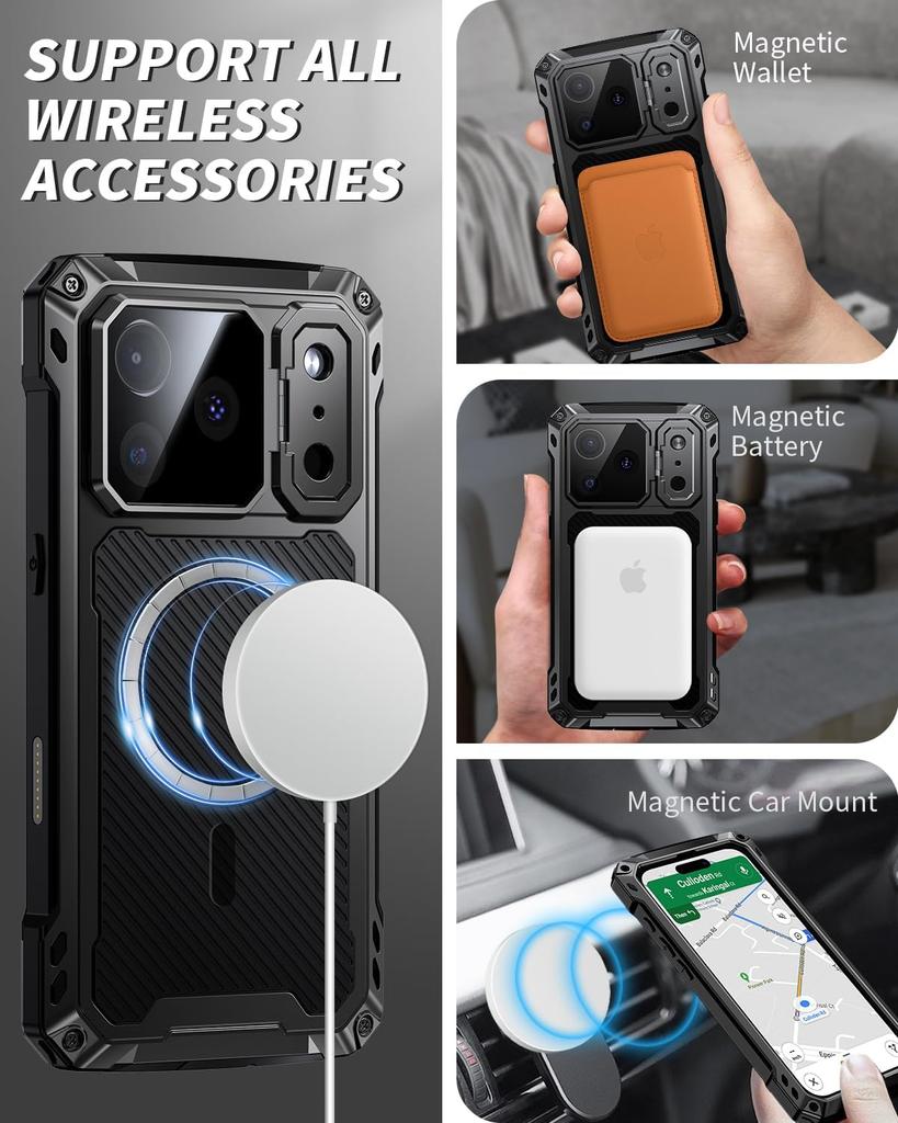 Camera Kickstand Metal Magnetic Case for IPhone 17 Air 16 15 14 Pro Max 16 Plus MagSafe Glass Screen Heavy Duty Shockproof Cover