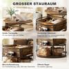Round coffee table with liftable tabletop, storage space, side shelves, steel frame, coffee table, brown
