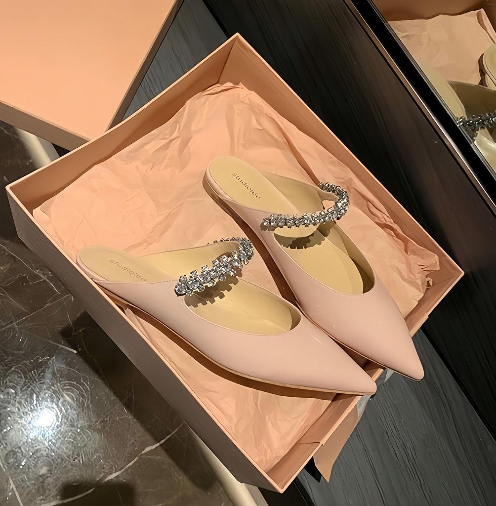 Sheepskin Version~ Summer Wear Leather Bag Head Flat Bottom Half Slippers Women's High-grade Cool Slippers Pointed French Half Tray