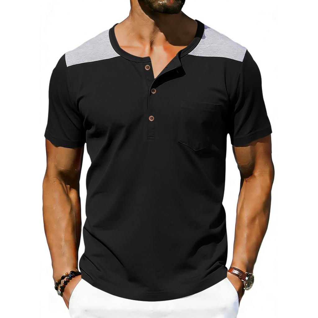 Men's Round Neck Single Breasted Casual Sportswear With Pockets And Contrasting Colors Short Sleeved
