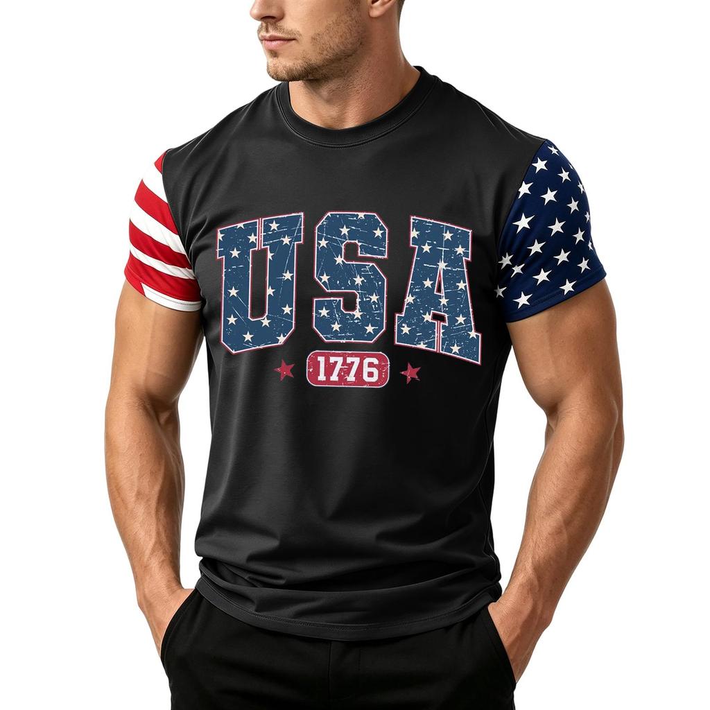 Men's Independence Day Flag Print Short Sleeve T-Shirt, Loose Casual Daily Summer Tops