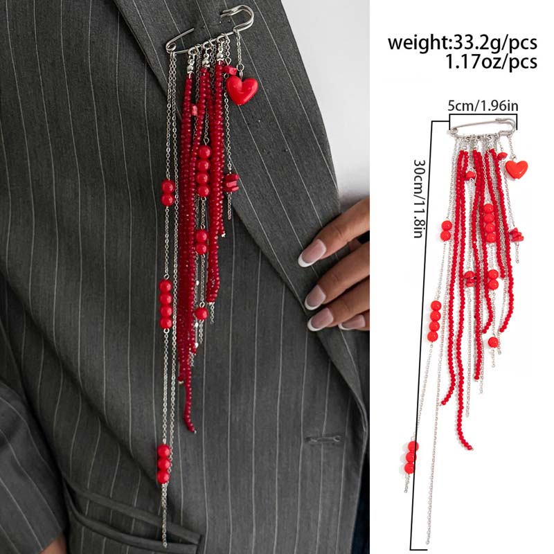 Exaggerated Red Crystal Bead Brooch for Women Men Punk Long Tassel Chain Heart Pendant Brooch Suit Decoration Jewelry Accessorie