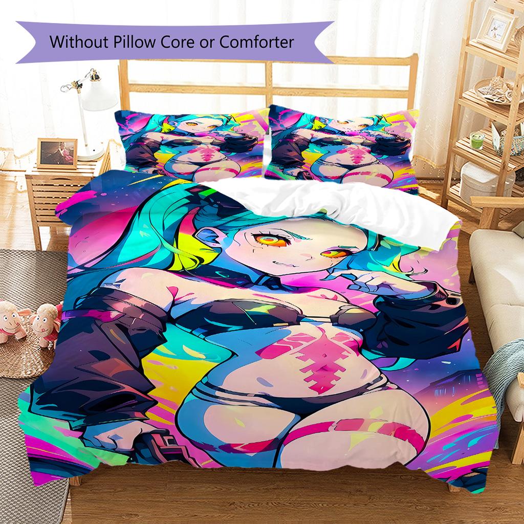 Cyberpunk Edgerunner Muster Bettwäsche, Steppbett Set Bettbezug Kissenbezug Zuhause Geburtstagsgeschenk (1 Bettbezug + 2 Kissenbezüge, ohne Füllung)