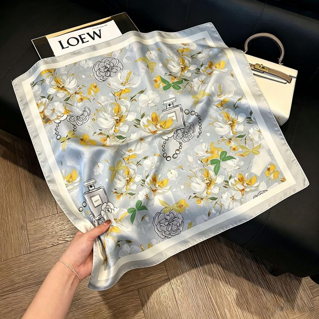71Cm New Chinese Simulation Silk Square Scarf Soft and Skin-friendly Ink Flower Rhyme Printing Silk Scarf Neck Sunscreen Small Scarf