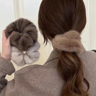 Herbst Winter Hochwertiges Kunstmink-Fell Plissiertes Dickdarm-Haarband Vielseitig und Elegant mit Weichem und Flauschigem Haargummi