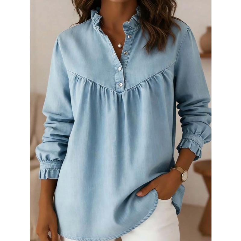 Solid Color V Neck Long Sleeve Casual Denim Daily Shirt