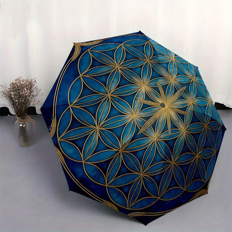 Blå Livets Blomma Mandala Väggkonst DekorationParaply med Söt Design, Bärbart 3-fällbart Kompakt Paraply för Män & Kvinnor, Alla hjärtans dag Mors dag Ha