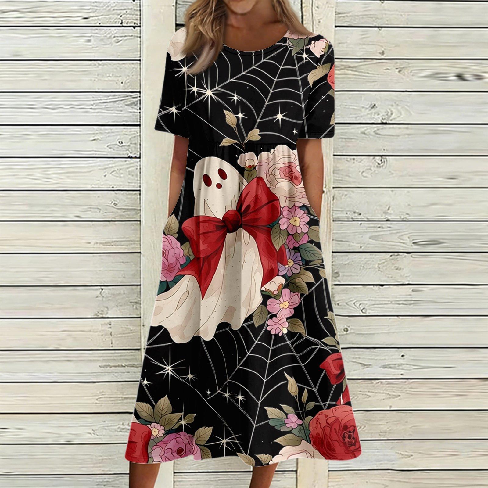 Women s Halloween Print Round Neck Pocket Dress Casual L