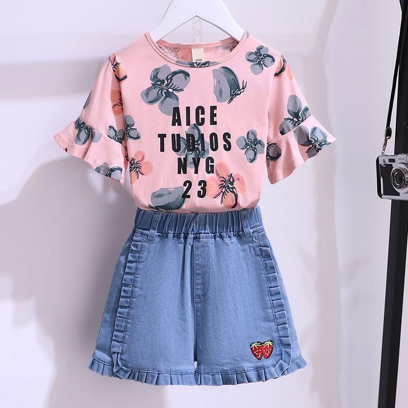 

Комплект для девочек, летний комплект из двух предметов для маленькой девочки, футболка с принтом, детские ковбойские шорты, топ и брюки 110